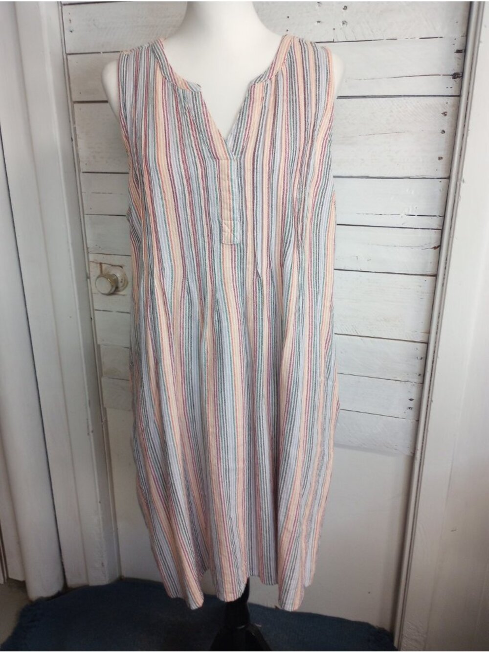 Sonoma Sleeveless Pintuck Dress Striped Linen Blend Women's Large Pockets
